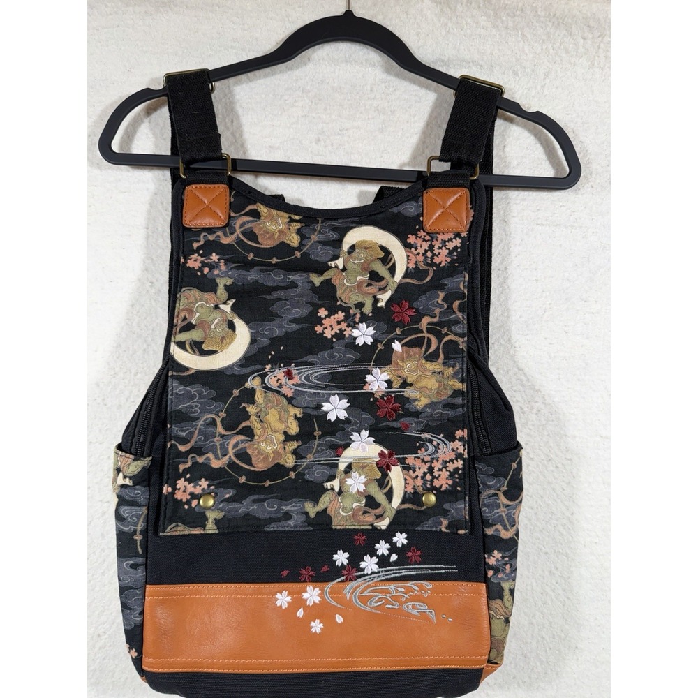 Ripple Japanese Oni Floral Canvas Pleather Backpack Embroidered Boho Artisan